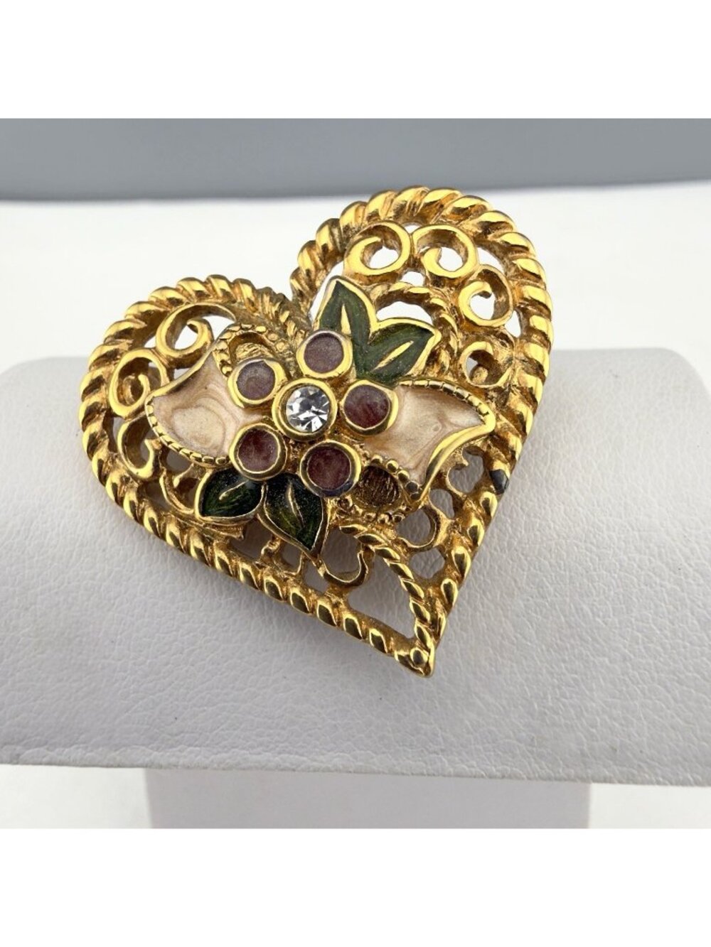 Vintage Avon Brooch Pendant Heart I Love You Gold Tone Enamel Floral Rhinestones